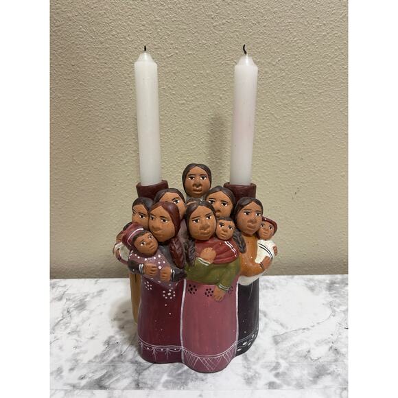 VTG Peruvian Folk Art Pottery Handcrafted Candle Holder Terracotta Clay Women - Picture 2 of 11